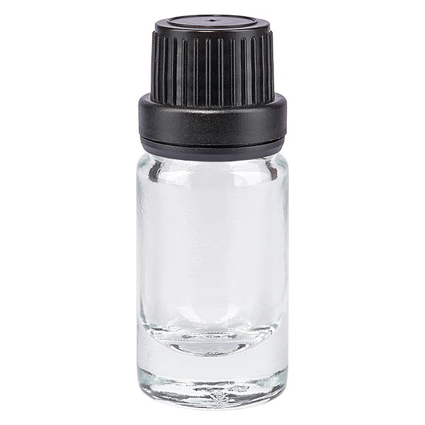 Frasco de farmacia transparente, 5 ml, tapón de rosca negro, junta, precinto de originalidad