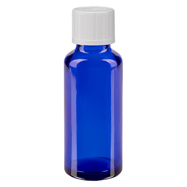 Frasco de farmacia azul, 30 ml, tapón de rosca blanco, con seguro para niños, estándar