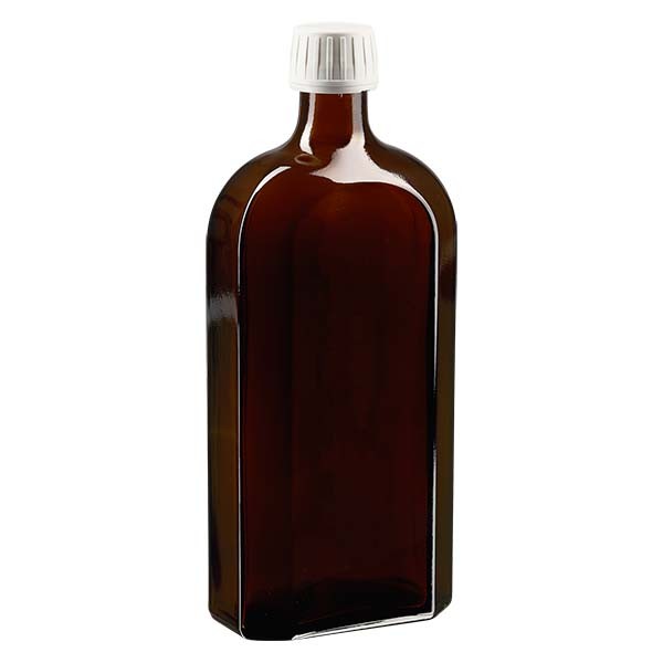 Botella meplat ámbar de 500 ml con boca DIN 28, con tapón de rosca con precinto de originalidad DIN 28 blanco de P
