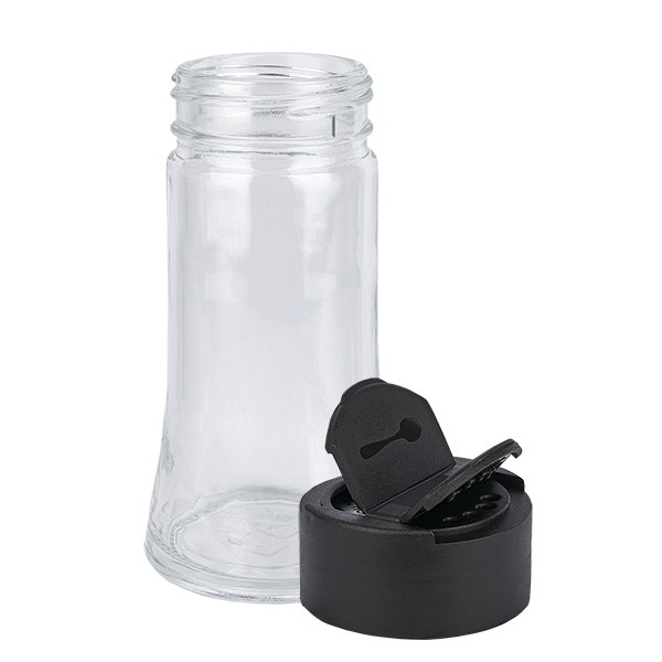 Bote para especias de forma cilíndrica de 95 ml con rosca de 41 mm, vidrio transparente con tapa de rosca para molinillo, negro