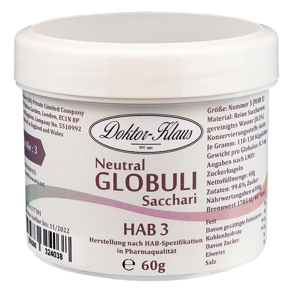 Glóbulos neutrales, 60 g, HAB3, 100 % sacarosa pura