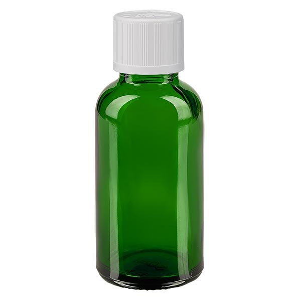 Frasco de farmacia verde, 30 ml, tapón cuentagotas blanco, con seguro para niños, estándar