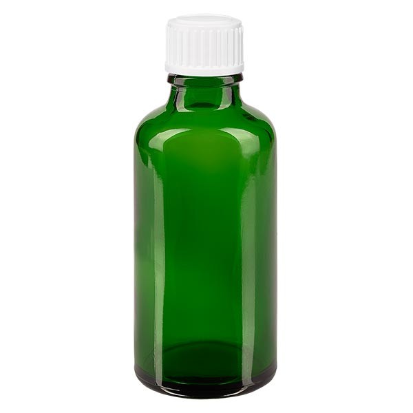 Frasco de farmacia verde, 50 ml, tapón cuentagotas blanco, 0,8 mm, estándar