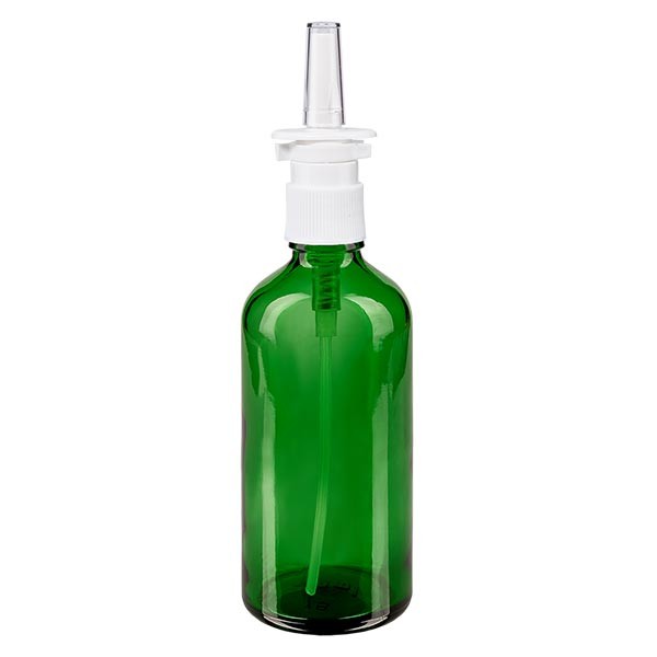 Frasco de vidrio verde de 100 ml con espray nasal blanco
