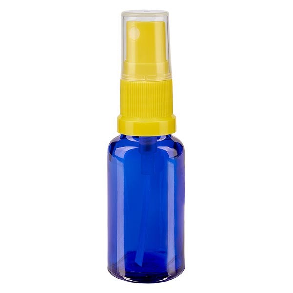 Frasco de vidrio azul de 20 ml con atomizador amarillo