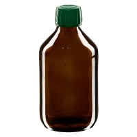 Frasco de medicina según norma europea de 250 ml, ámbar, con tapón verde Frasco de medicina según norma europea de 250 ml, ámbar, con tapón verde