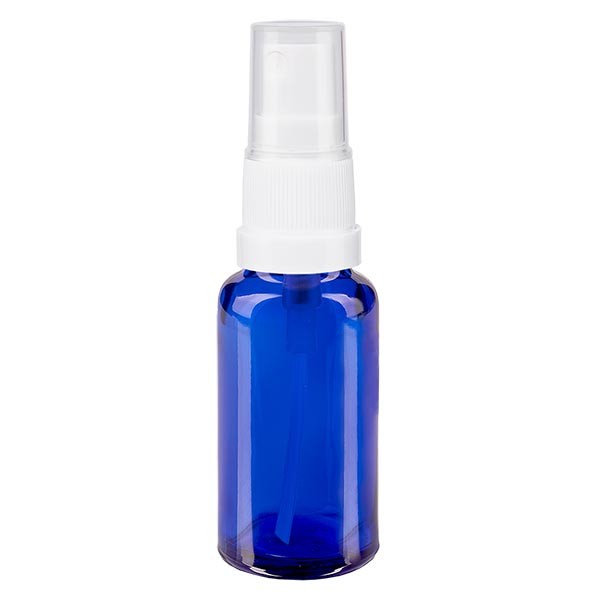 Frasco de vidrio azul de 20 ml con atomizador blanco