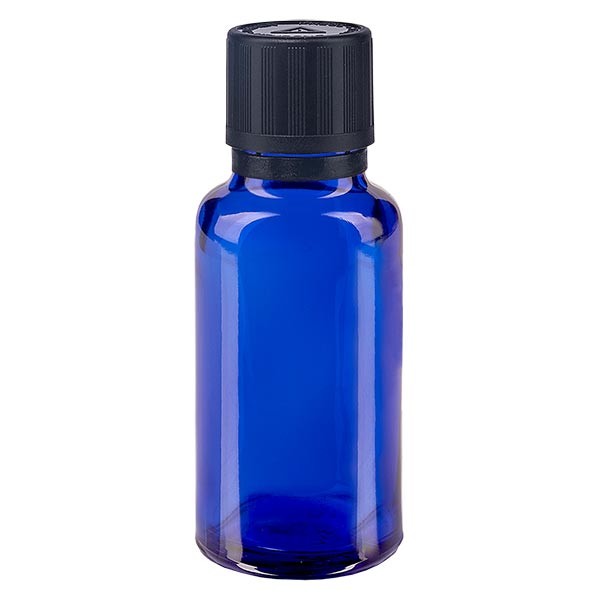 Frasco de farmacia azul, 20 ml, tapón cuentagotas premium negro, 1 mm, con seguro para niños, señalización táctil para ciegos y precinto de originalidad