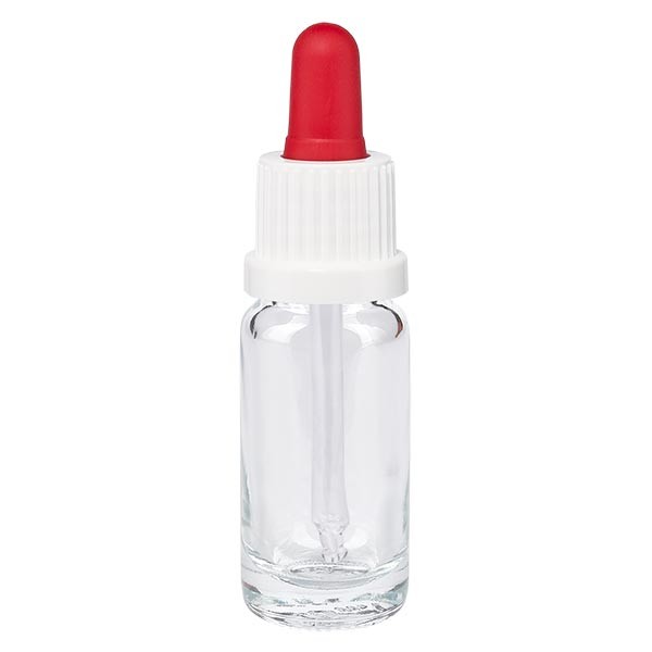 Frasco con pipeta cuentagotas transparente, 10 ml, pipeta blanca/roja, precinto de originalidad