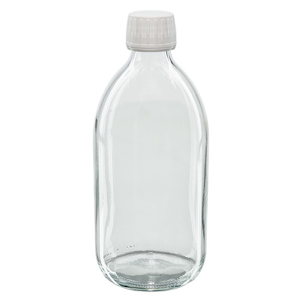 Frasco de medicina según norma europea de 500 ml, transparente, con tapón blanco