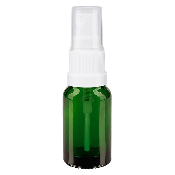 Frasco de vidrio verde de 10 ml con atomizador blanco