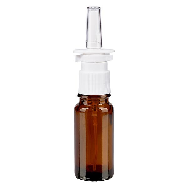 Frasco de vidrio ámbar de 10 ml con espray nasal blanco