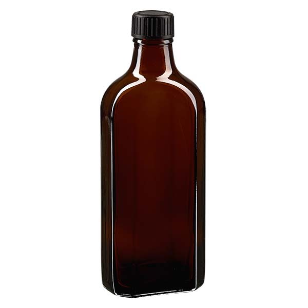 Botella meplat ámbar de 200 ml con boca DIN 22, con tapón de rosca DIN 22 negro de PEE (