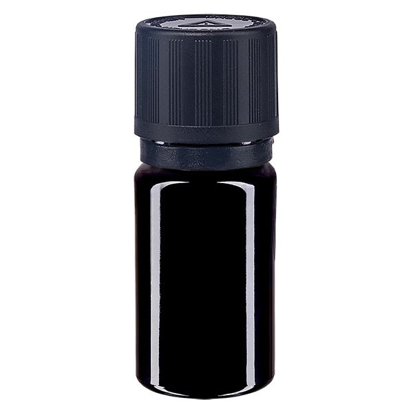 Frasco de farmacia violeta, 5 ml, tapón gotero premium negro, 1 mm, con seguro para niños, señalización táctil para ciegos y precinto de originalidad