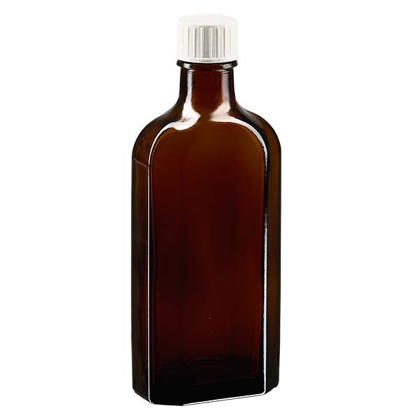 Botella meplat ámbar de 150 ml con boca DIN 22, con tapón de rosca DIN 22 blanco con anillo de vertido