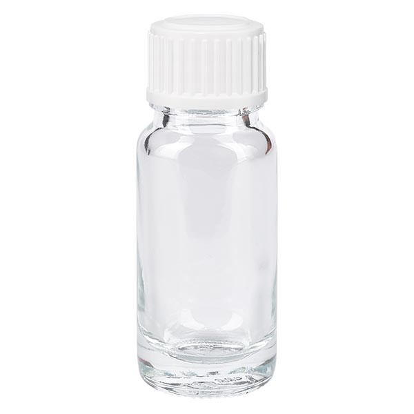 Frasco de farmacia transparente, 10 ml, tapón cuentagotas blanco, 0,8 mm, estándar