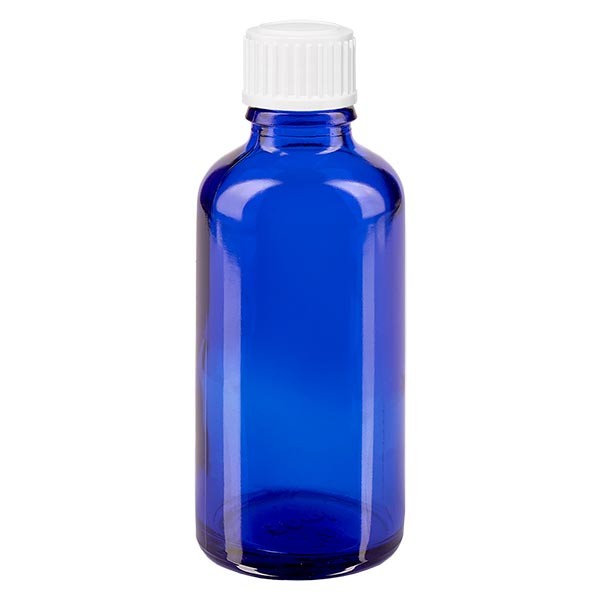 Frasco de farmacia azul, 50 ml, tapón de rosca blanco, glóbulos, estándar