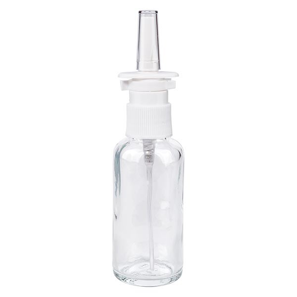 Frasco de vidrio transparente de 30 ml con espray nasal blanco