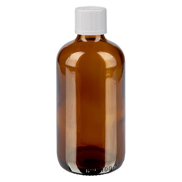 Frasco de farmacia ámbar, 100 ml, tapón cuentagotas blanco, con seguro para niños, estándar