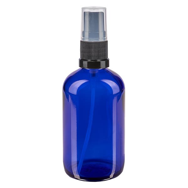 Frasco de vidrio azul de 100 ml con atomizador negro