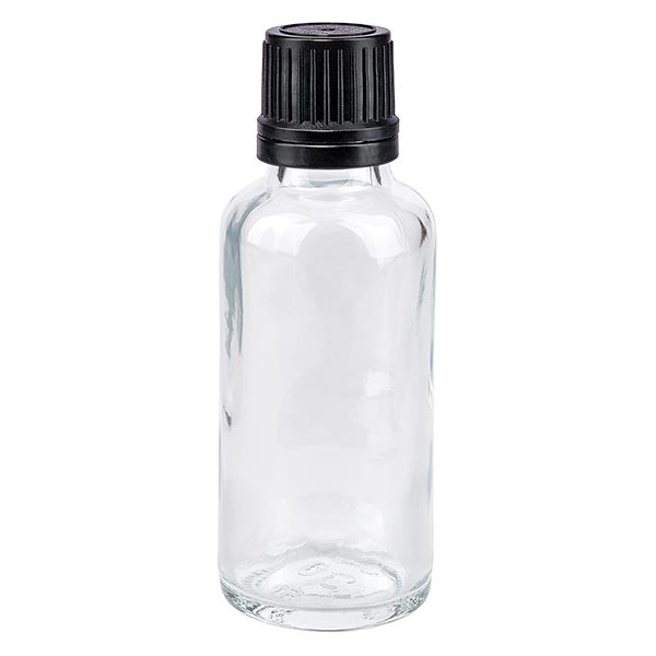 Frasco de farmacia transparente, 30 ml, tapón cuentagotas premium negro, 1 mm, con precinto de originalidad