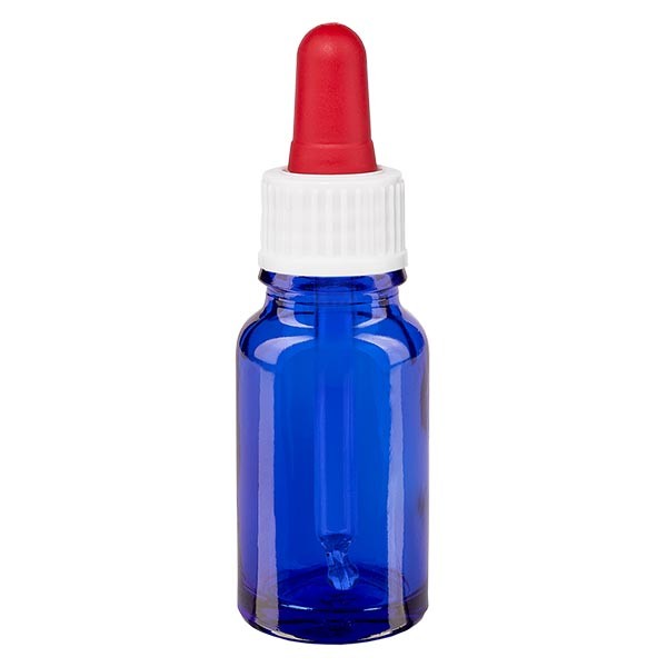 Frasco con pipeta cuentagotas azul, 10 ml, pipeta blanca/roja, estándar