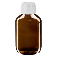 Frasco de medicina según norma europea de 200 ml, ámbar, con tapón blanco Frasco de medicina según norma europea de 200 ml, ámbar, con tapón blanco