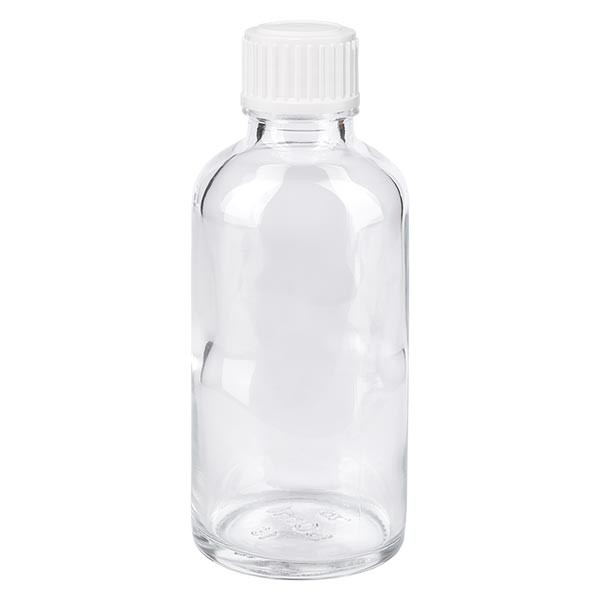 Frasco de farmacia transparente, 50 ml, tapón de rosca blanco, estándar