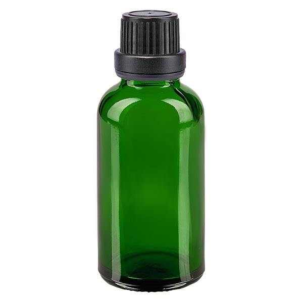 Frasco de farmacia verde, 30 ml, tapón de rosca negro, junta de estanqueidad, con precinto de originalidad
