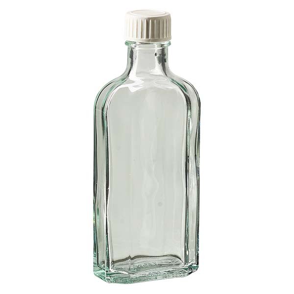 Botella meplat blanca de 125 ml con boca DIN 22, con tapón de rosca DIN 22 blanco de PP con