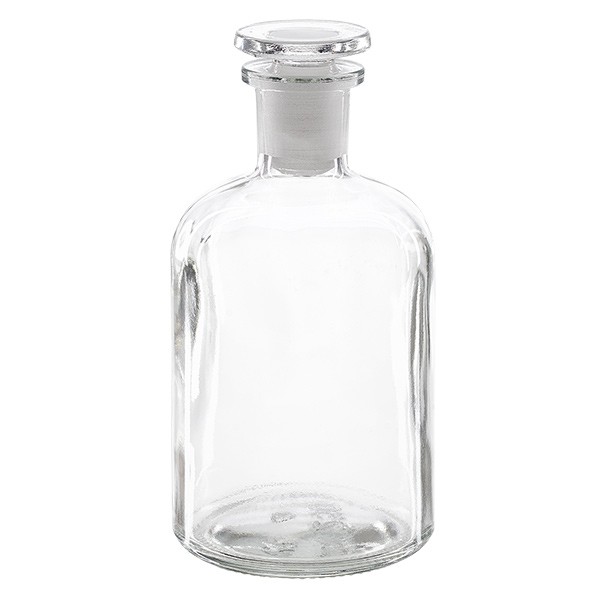 Frasco de farmacia de 250 ml, cuello estrecho, vidrio transparente, con tapón de vidrio