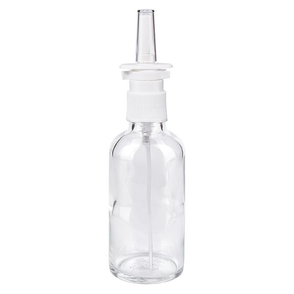 Frasco de vidrio transparente de 50 ml con espray nasal blanco