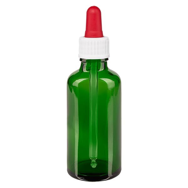 Frasco con pipeta cuentagotas verde, 50 ml, pipeta blanca/roja, estándar