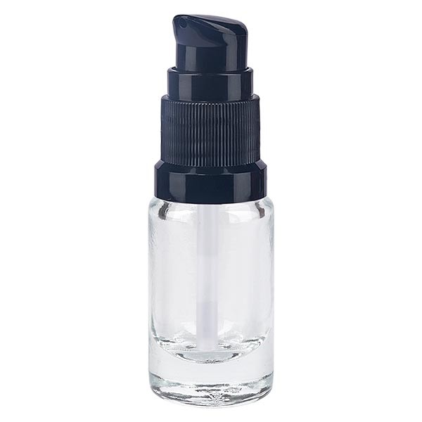 Frasco de farmacia transparente, 5 ml, tapón con dosificador negro, estándar