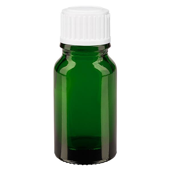 Frasco de farmacia verde, 10 ml, tapón cuentagotas blanco, 0,8 mm, estándar