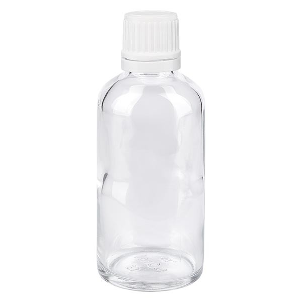 Frasco de farmacia transparente, 50 ml, tapón cuentagotas blanco, 1,2 mm, con precinto de originalidad