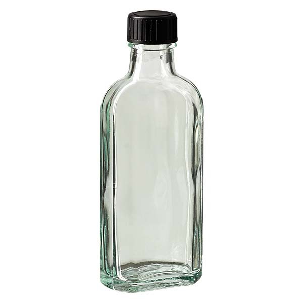 Botella meplat blanca de 100 ml con boca DIN 22, con tapón de rosca DIN 22 negro de PEE