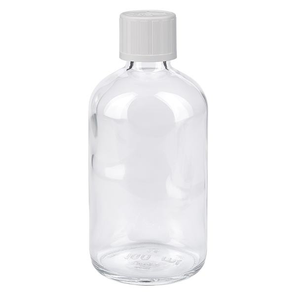 Frasco de farmacia transparente, 100 ml, tapón cuentagotas blanco, con seguro para niños, estándar