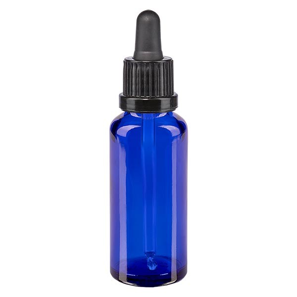 Frasco con pipeta cuentagotas azul, 30 ml, pipeta negra con precinto de originalidad