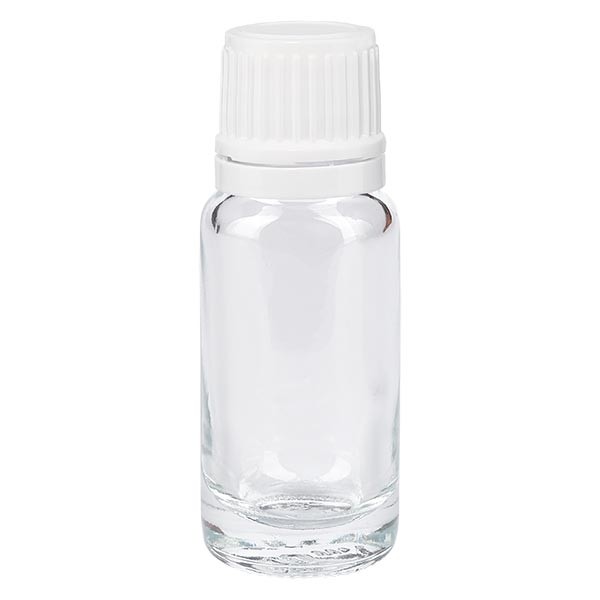 Frasco de farmacia transparente, 10 ml, tapón cuentagotas blanco, 1,2 mm, con precinto de originalidad