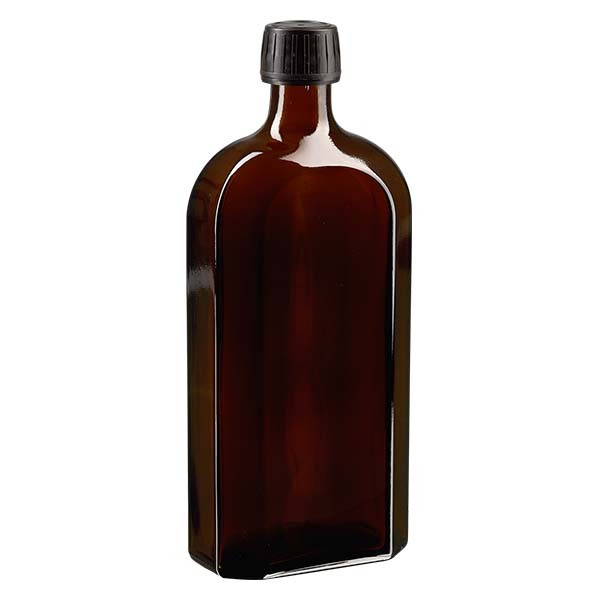 Botella meplat ámbar de 500 ml con boca DIN 28, con tapón de rosca con precinto de originalidad DIN 28 negro de