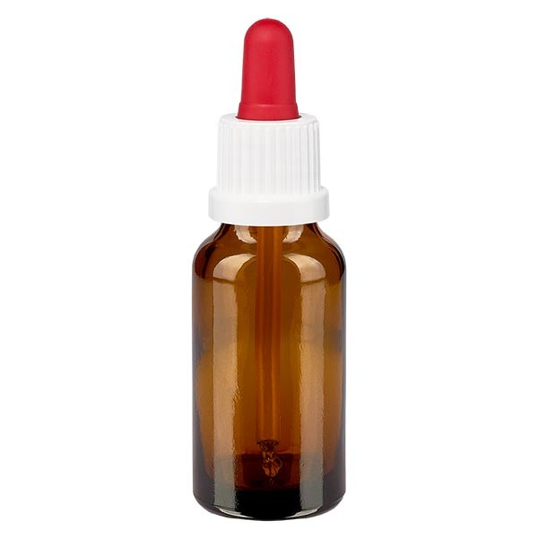 Frasco con pipeta cuentagotas ámbar, 20 ml, pipeta blanca/roja, precinto de originalidad