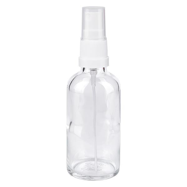 Frasco de vidrio transparente de 50 ml con atomizador blanco