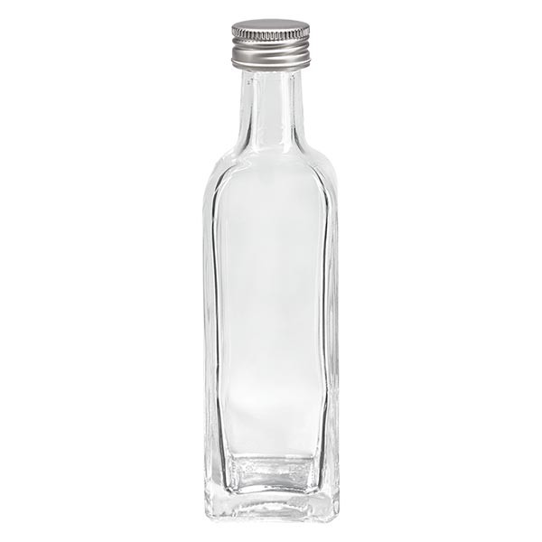 Botella de licor, 60 ml, cuadrada, vidrio transparente, incluye tapón de rosca plateado de aluminio (PP, 18 mm)
