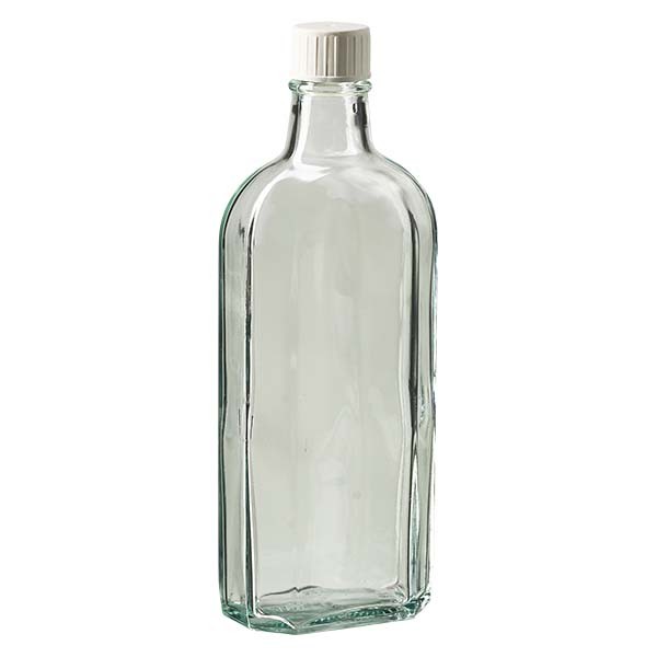 Botella meplat blanca de 250 ml con boca DIN 22, con tapón de rosca DIN 22 blanco con anillo de vertido