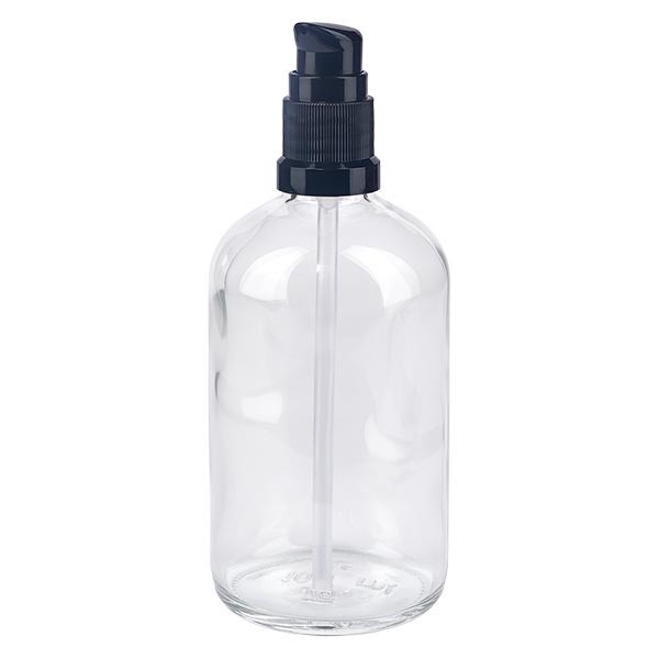 Frasco de vidrio transparente de 100 ml con tapón con dosificador negro