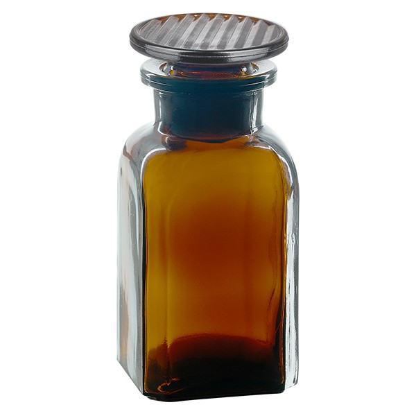 Frasco de farmacia cuadrado de 100 ml, cuello ancho, vidrio ámbar, con tapón de vidrio