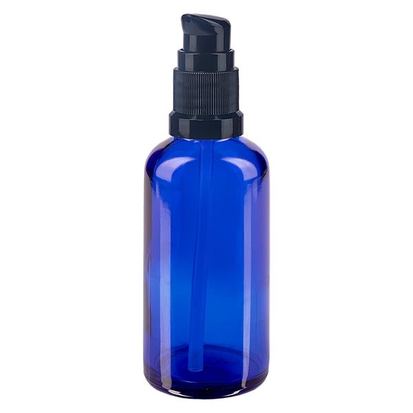 Frasco de vidrio azul de 50 ml con tapón con dosificador negro