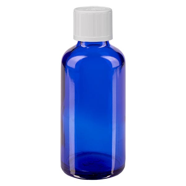 Frasco de farmacia azul, 50 ml, tapón cuentagotas blanco, con seguro para niños, estándar