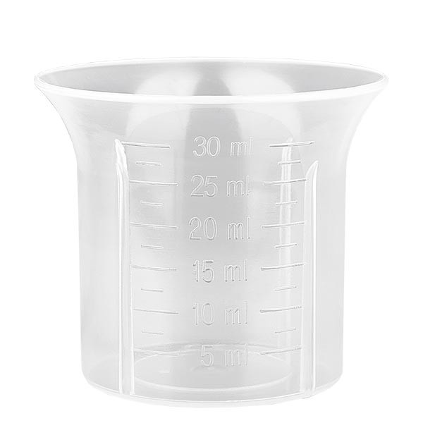 Vaso dosificador de 30 ml de color natural para tapón de rosca blanco 28 mm, escala a partir de 5 ml en pasos de 2,5 ml
